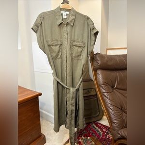 H&M LOGG Military Utility Shirt Dress Olive Green Size 8 Short Cuff Sleeve